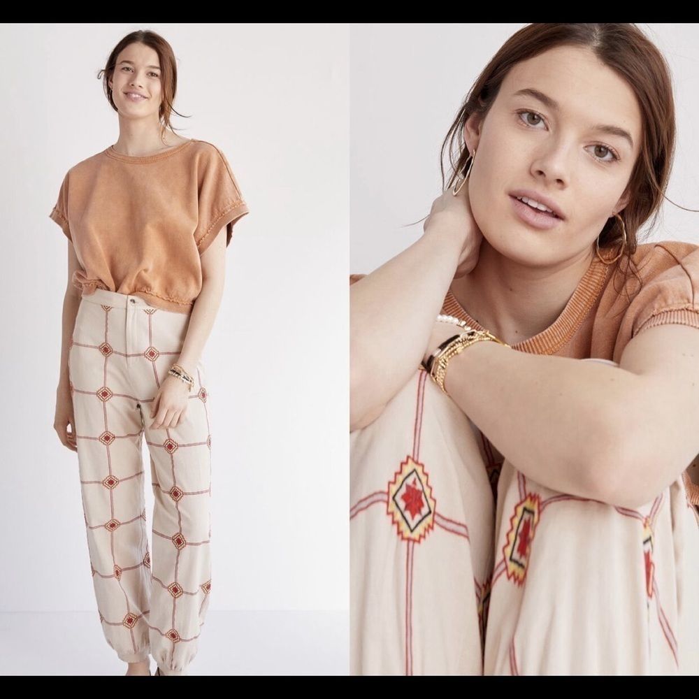 NWT Anthropologie LATTICE EMBROIDERED JOGGERS M